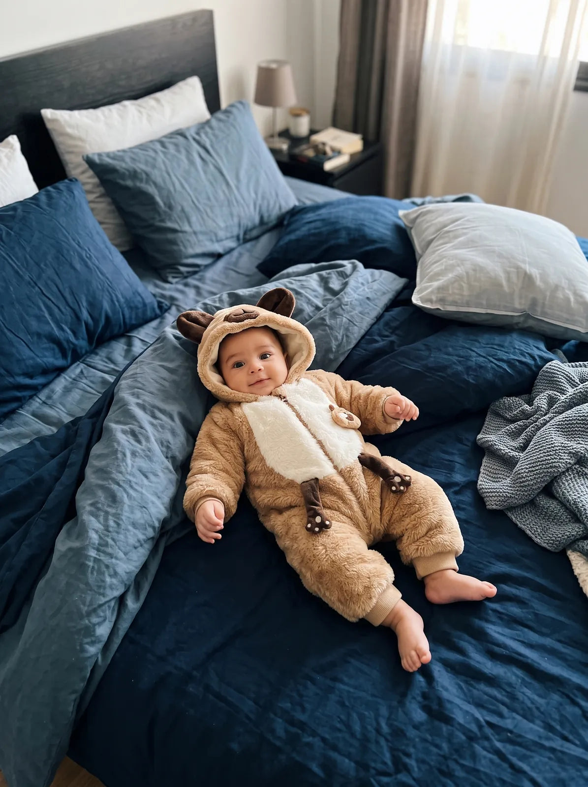 Teddy Bear – baby playing on a bed
