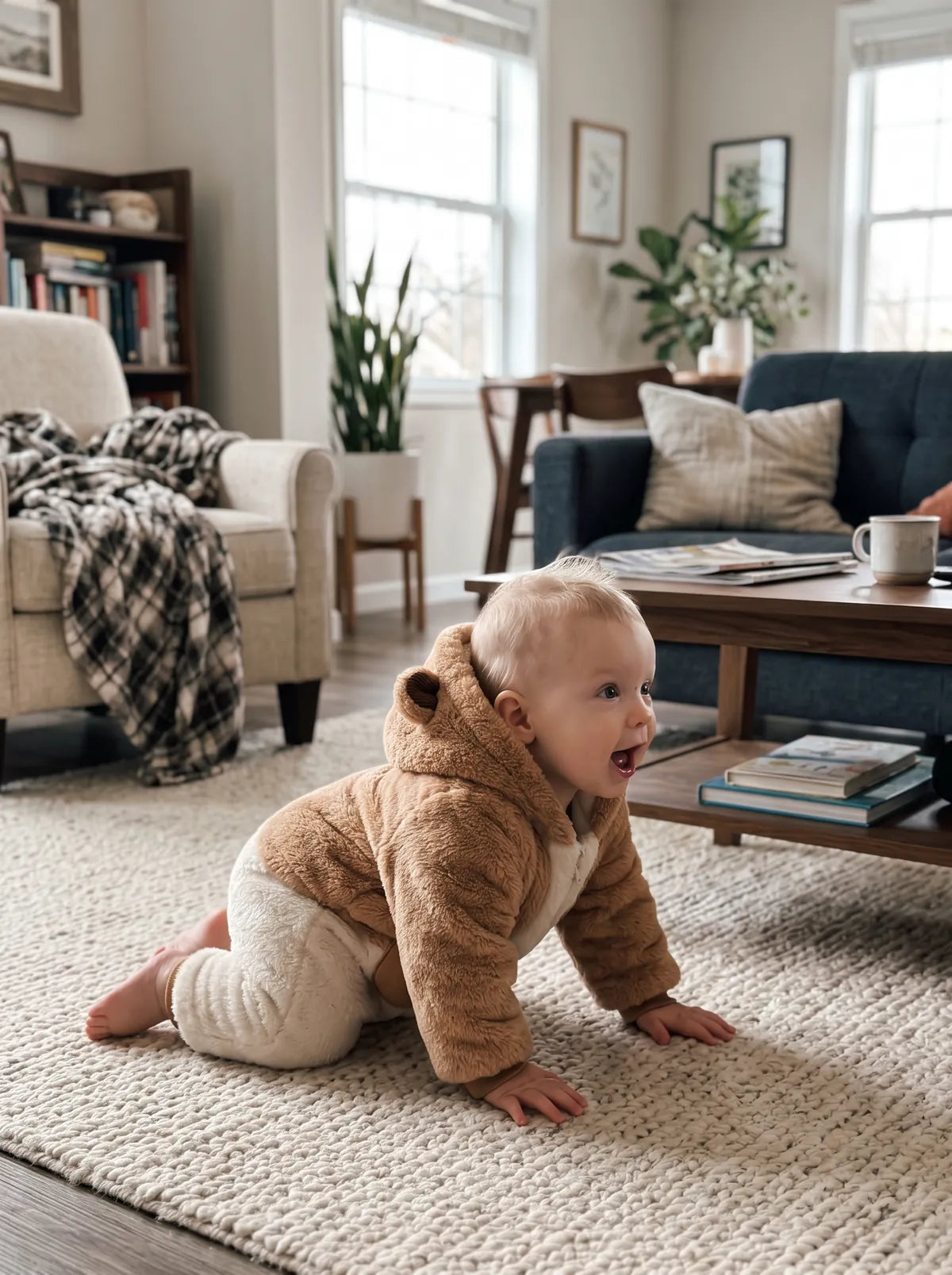 Baby wearing the LIVA Acorn Squirrel plush onesie