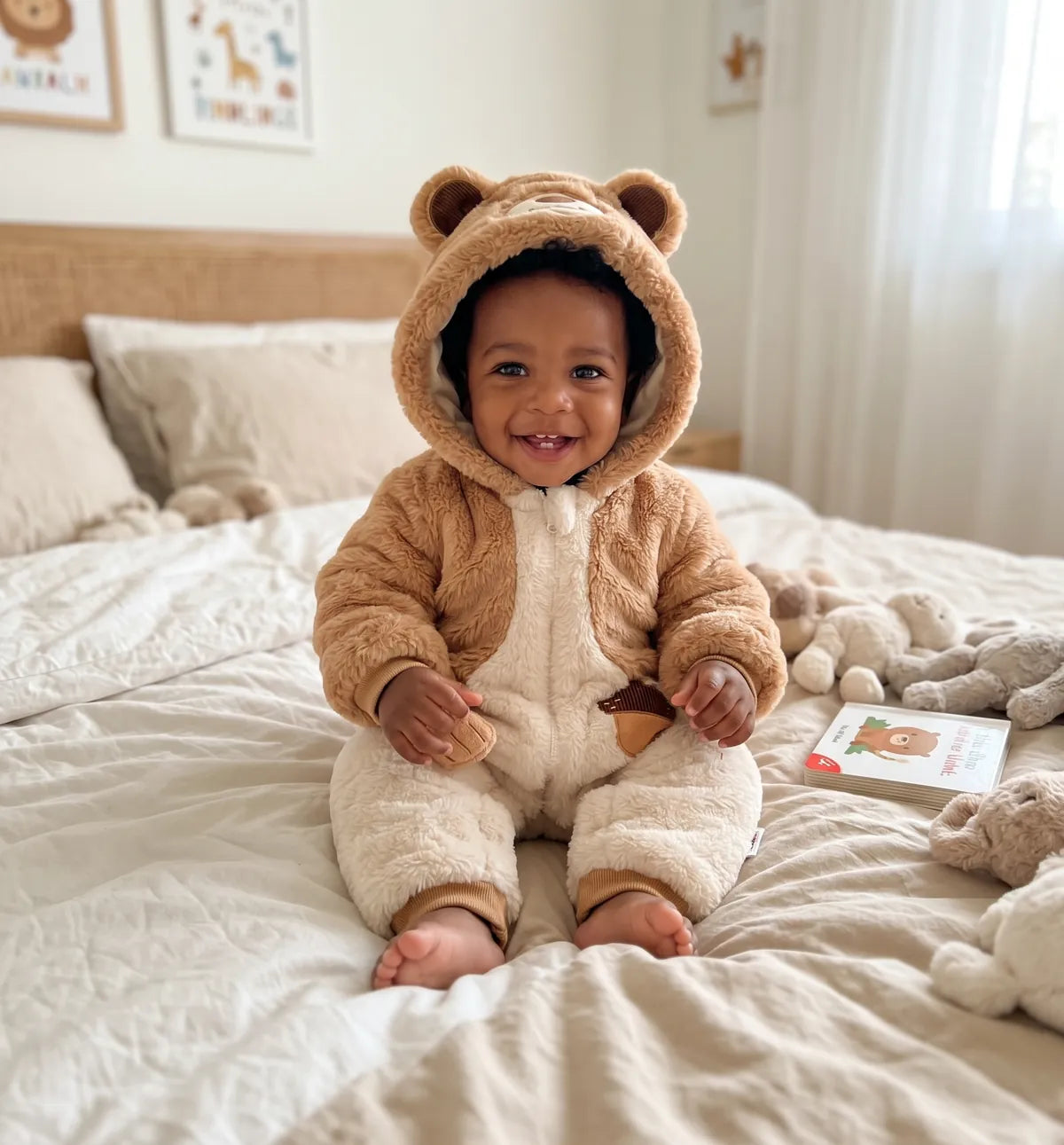 Smiling baby wearing the LIVA Acorn Squirrel onesie